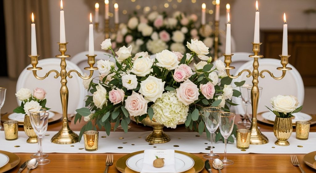 Elegant floral centerpiece as part of party decor.