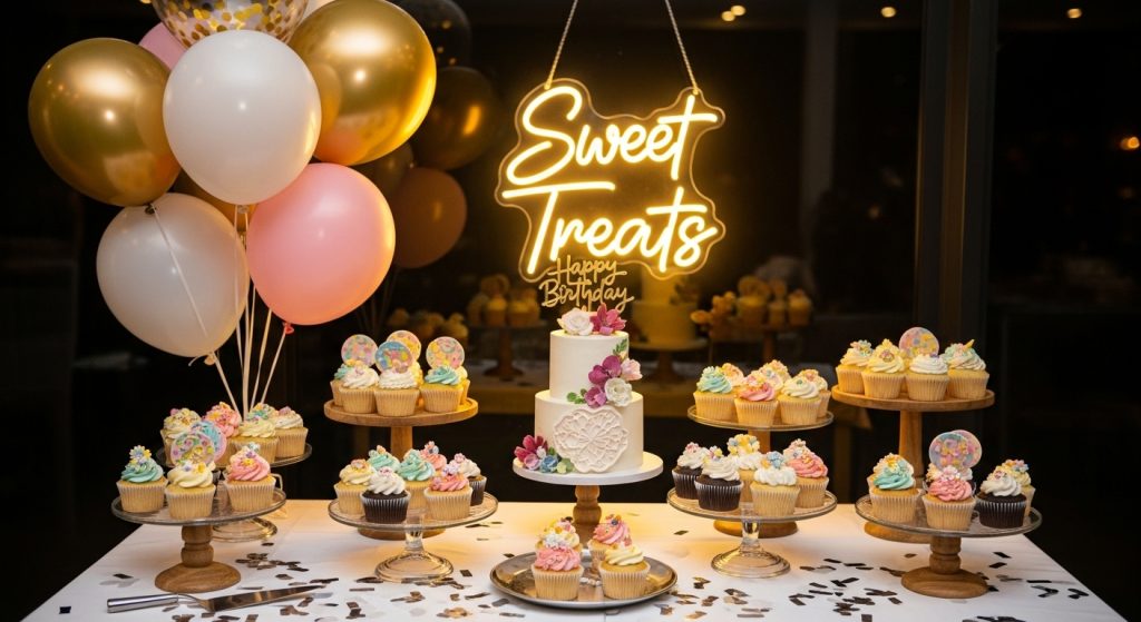  Stylish dessert table used as party decor centerpiece.