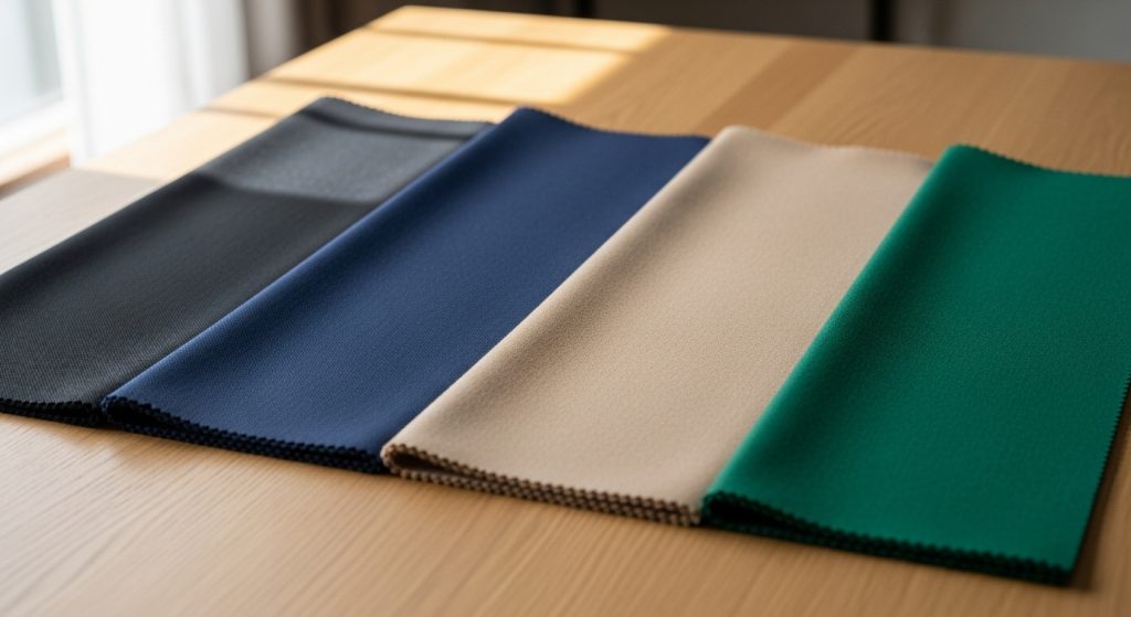  Suit color swatches in black, navy, beige, and emerald.