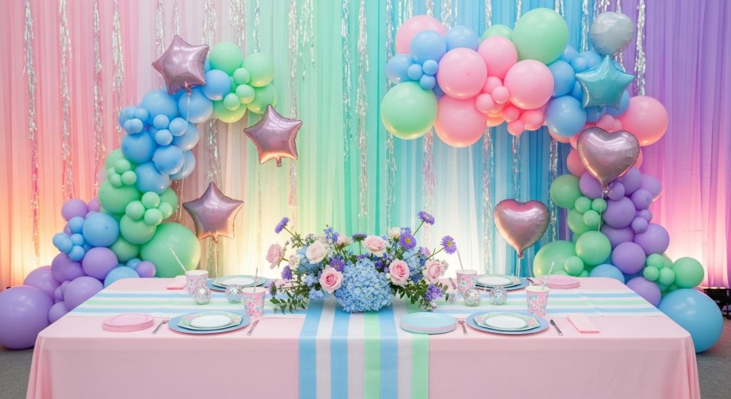 Coordinated pastel color theme in party decor.