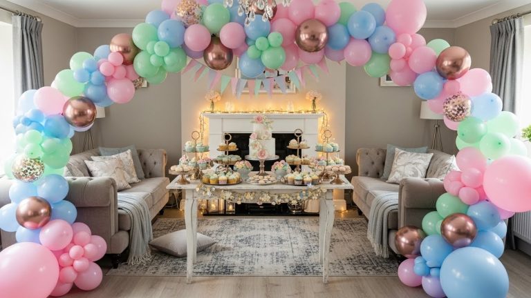 “Beautiful Balloon Decorations at Home featuring a pastel balloon arch, matching metallic accents, and a styled dessert table in a cozy living room transformed for a birthday celebration.”
