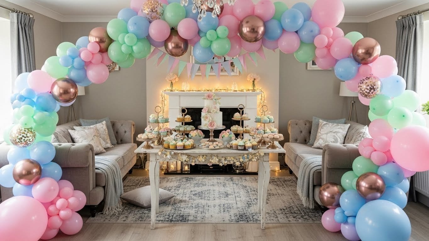 “Beautiful Balloon Decorations at Home featuring a pastel balloon arch, matching metallic accents, and a styled dessert table in a cozy living room transformed for a birthday celebration.”