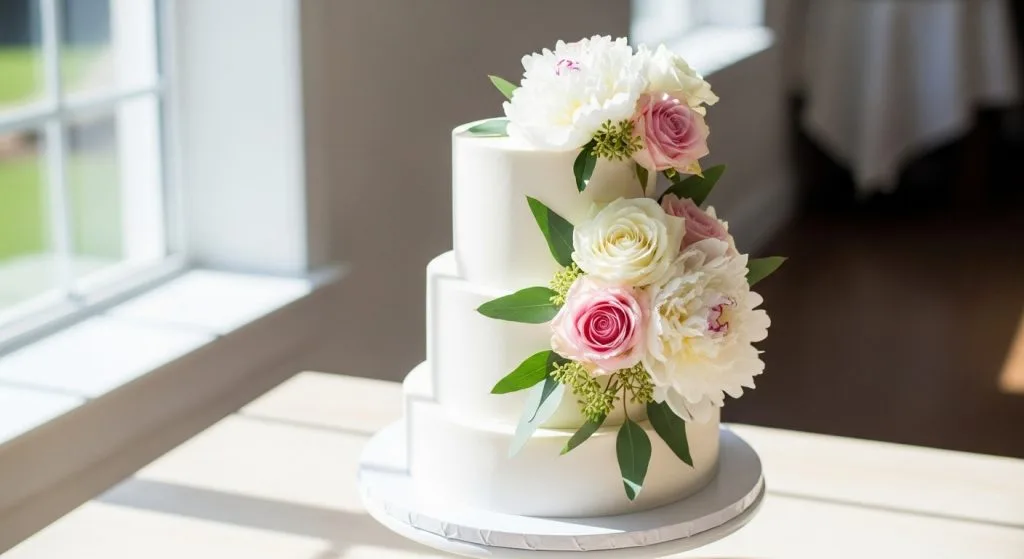 A white wedding cake decorated with fresh roses and eucalyptus.