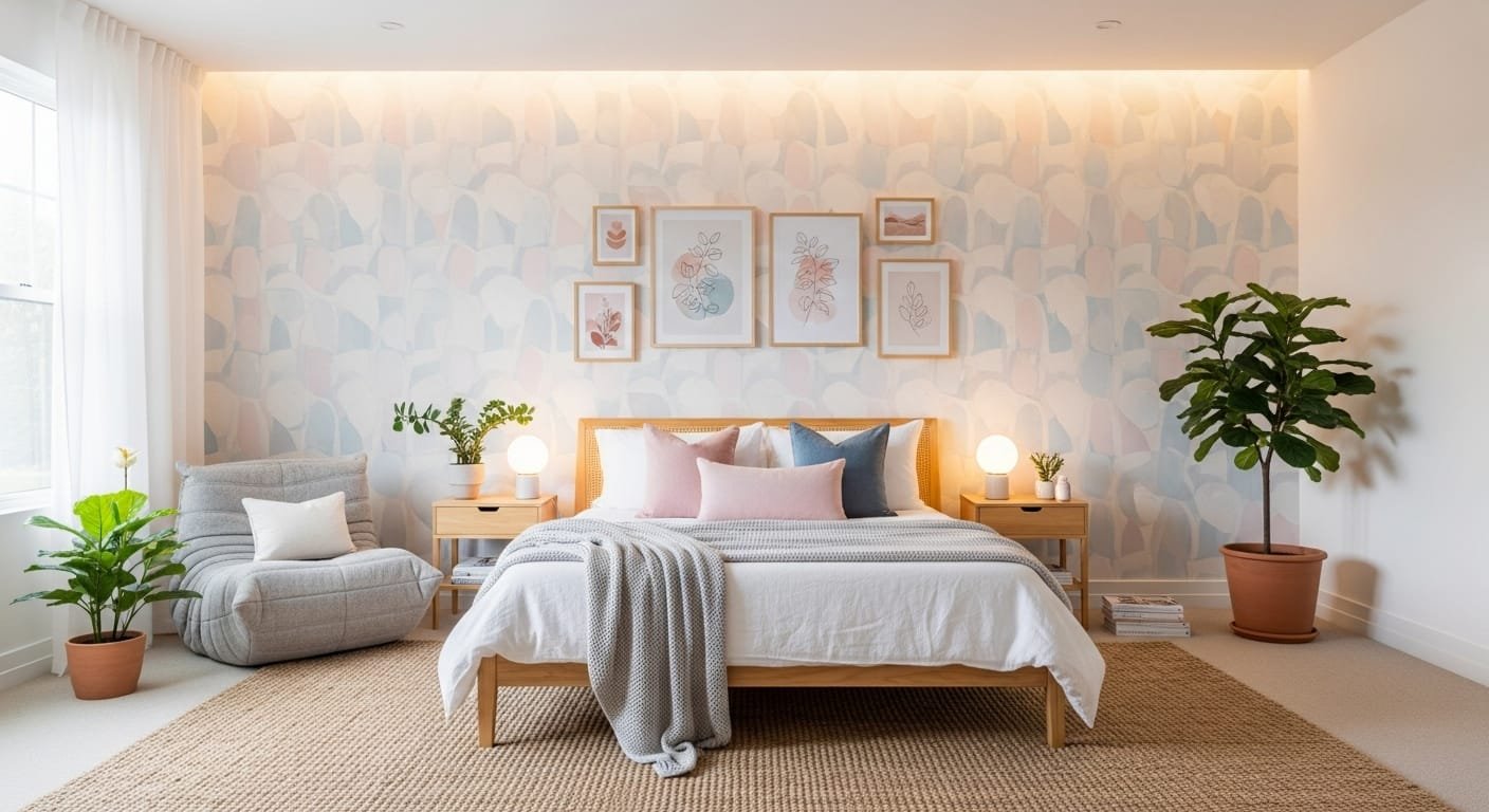 Stylish pastel bedroom featuring aesthetic wallpaper ideas with modern room decor and cozy ambiance.