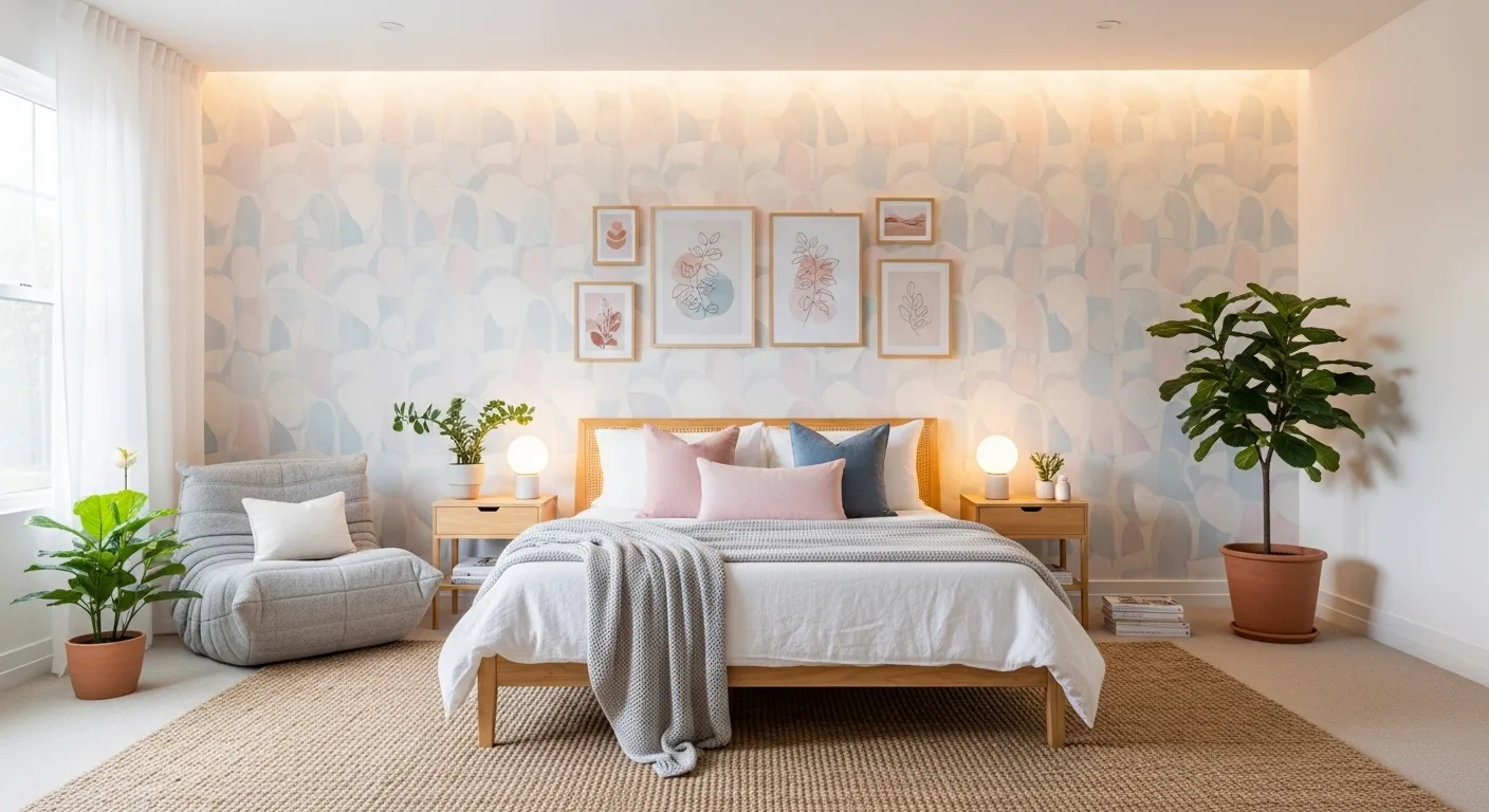 Stylish pastel bedroom featuring aesthetic wallpaper ideas with modern room decor and cozy ambiance.