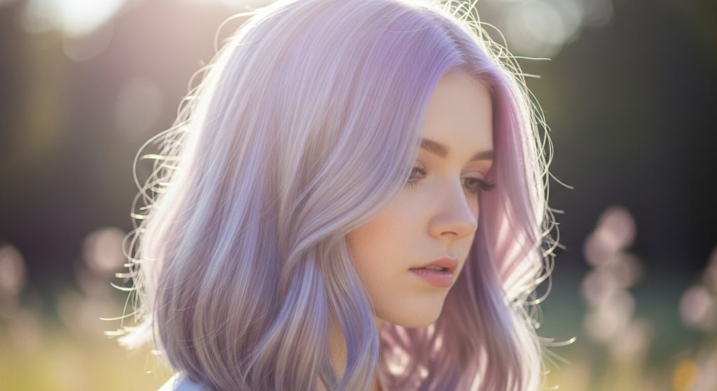 A dreamy portrait of a person with pastel lavender bob hair fading into silvery tones.