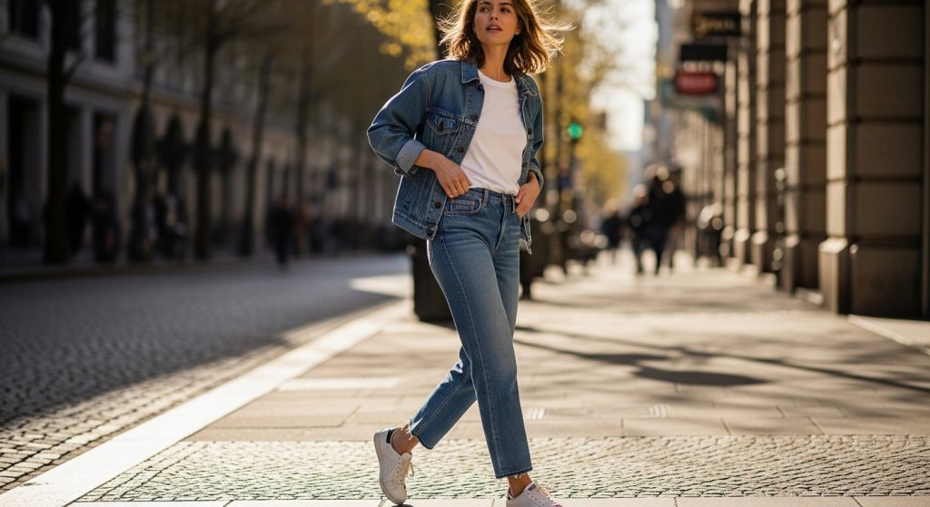 The Ultimate Guide to Outfits: How to Build Stylish Looks for Every Day 4 : Casual denim outfit with white tee, jeans, sneakers, and light jacket.