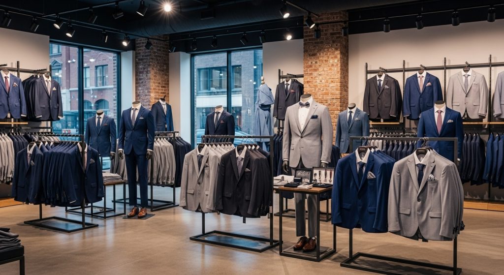 Groom Suits: Timeless Styles That Define Wedding Elegance 13 Affordable groom suits displayed in a shop.