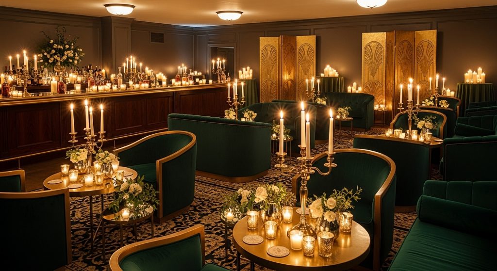 Elegant adult party decor with gold and velvet touches.