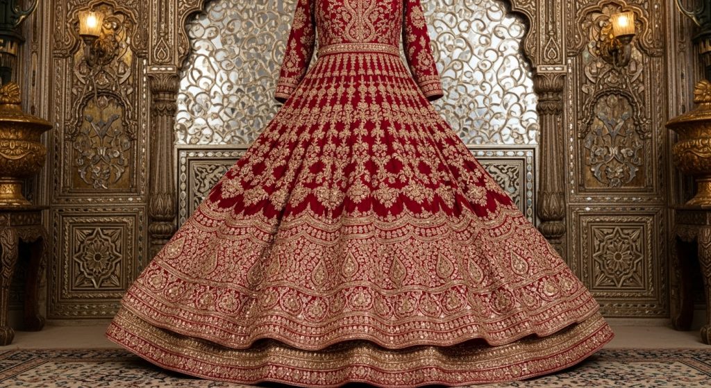 Embroidered Anarkali wedding dress with gold detailing and flared silhouette.