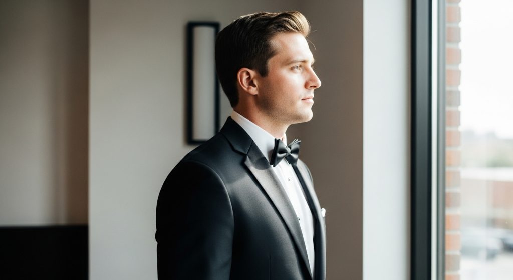 Groom wearing a tailored black tuxedo in soft natural light.