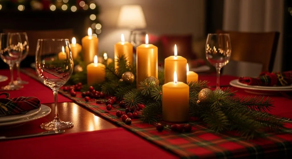 Rich red tablecloth with plaid runner, fresh pine, scattered cranberries, glowing gold candles. Cozy holiday warmth.