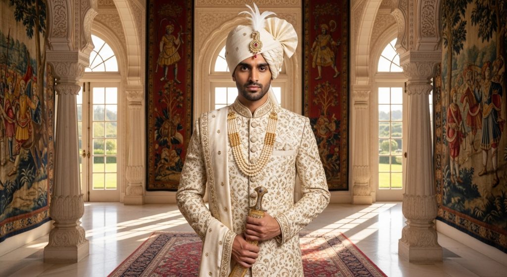 Groom in a cream embroidered sherwani with gold accents.