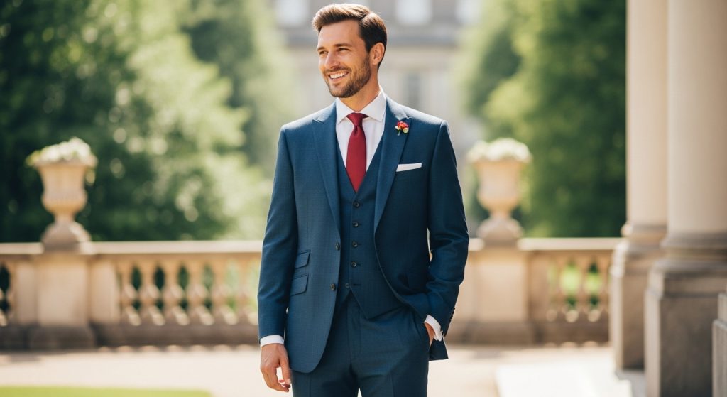 Groom Suits: Timeless Styles That Define Wedding Elegance 8 Groom in a navy three-piece wedding suit.