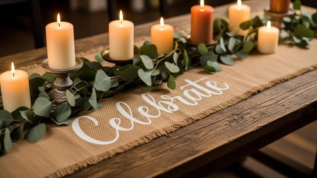 DIY Celebration Decor Crafts That Make Every Party Magical 8 Hand-painted burlap table runner on a rustic table with greenery and candles.