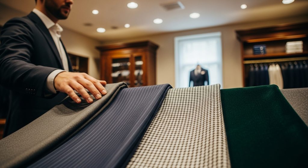  Groom selecting suit fabrics in a boutique under warm lighting.