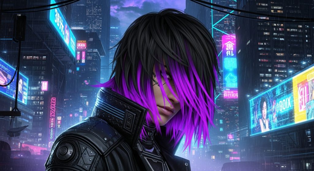 Alt Text:
Edgy charcoal black hair with bright purple streaks set against a futuristic background.