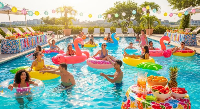 "Vibrant pool party scene with colorful floaties, bright blue water, and tropical summer decor in sunny outdoor lighting."