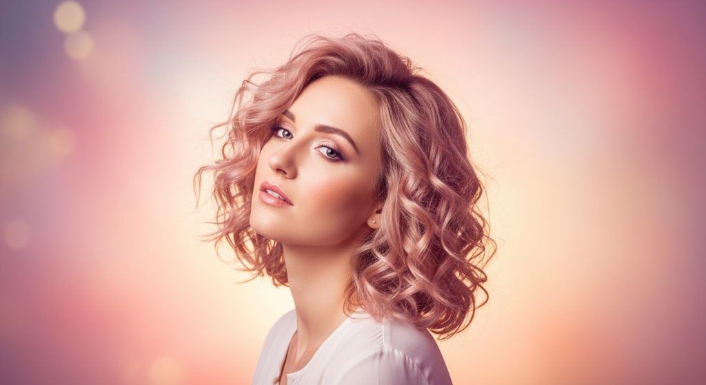 Alt Text:
Shoulder-length rose gold curls against a pastel pink and peach background.