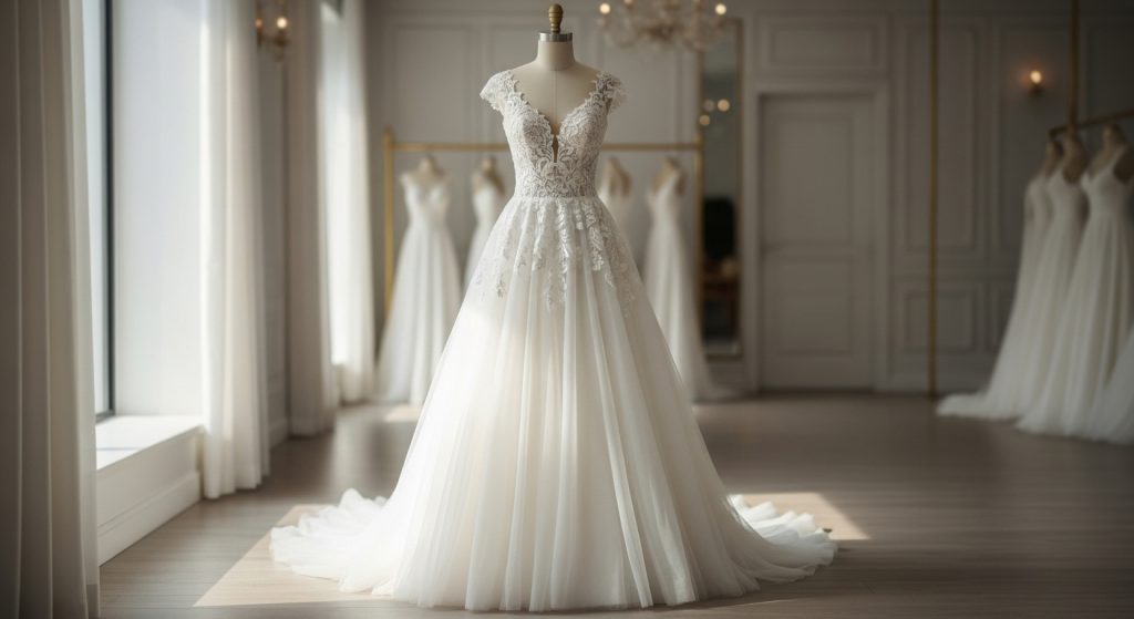  Elegant classic white wedding dress with lace bodice and tulle skirt.