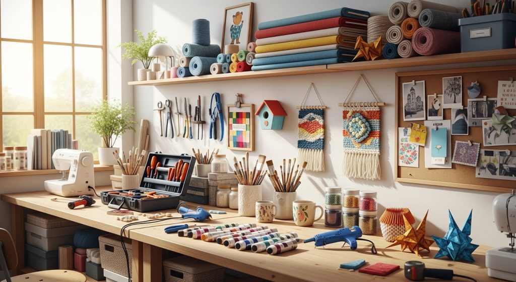 DIY Mastery: Creative, Easy & Affordable Projects for Every Home 12 Creative DIY workspace displaying tools, paints, and handmade crafts.