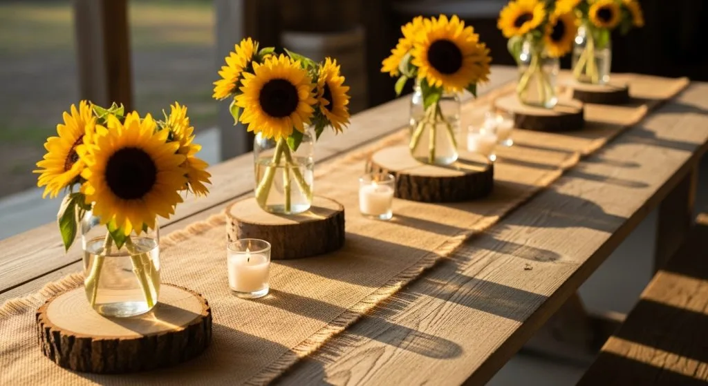  Long farmhouse table with burlap runner, wood slices, sunflowers in mason jars, warm candlelight at golden hour.