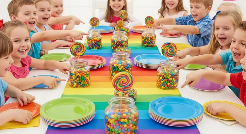 Cheerful kids’ table covered in rainbow runner, stacked colorful plates, candy-filled jars with balloon weights. Pure joy and bright colors.