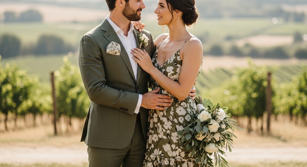 Groom Suits: Timeless Styles That Define Wedding Elegance 11 Groom in a coordinated suit standing beside the bride.