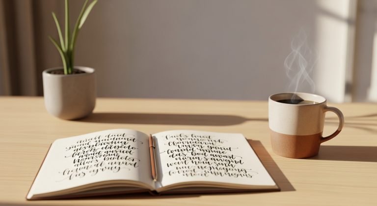 Minimal desk with notebook showing inspirational quotes and warm morning light.