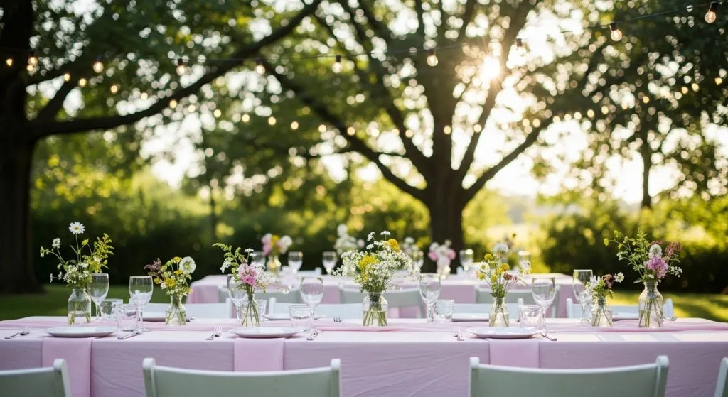 Outdoor table under string lights with pastel pink linens, fresh wildflowers in tiny vases, soft sunlight filtering through trees.