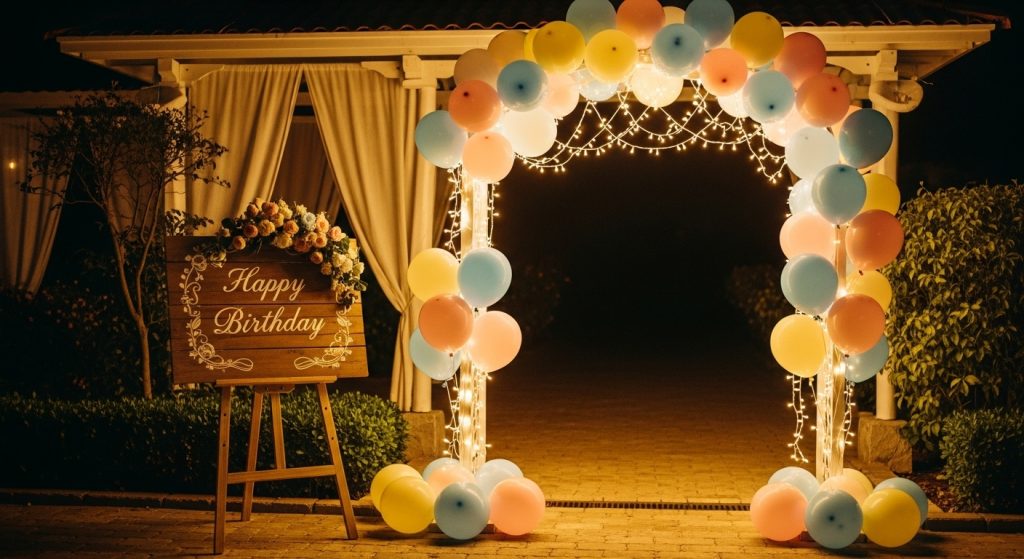 Soft pastel birthday decor entrance with lights and balloons