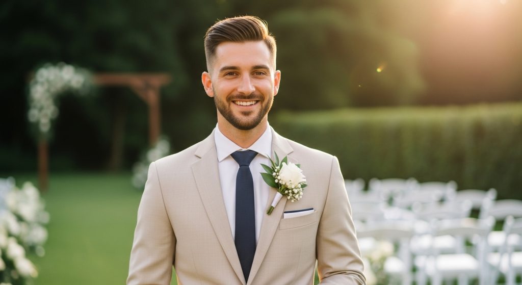 Groom Suits: Timeless Styles That Define Wedding Elegance 7 Groom wearing a beige slim-fit modern suit outdoors.