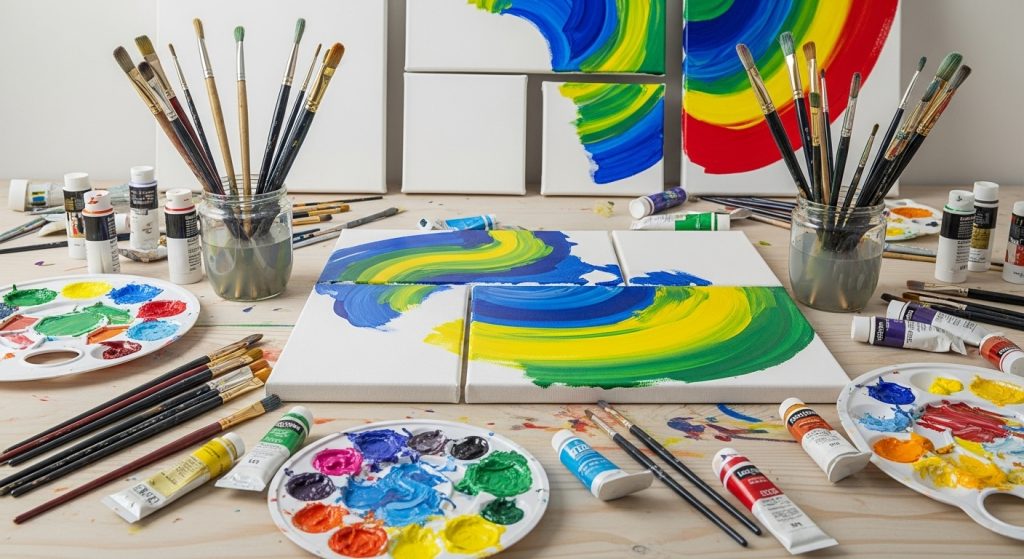 DIY Mastery: Creative, Easy & Affordable Projects for Every Home 3 Colorful workspace showing DIY wall art in progress with paint and canvas.