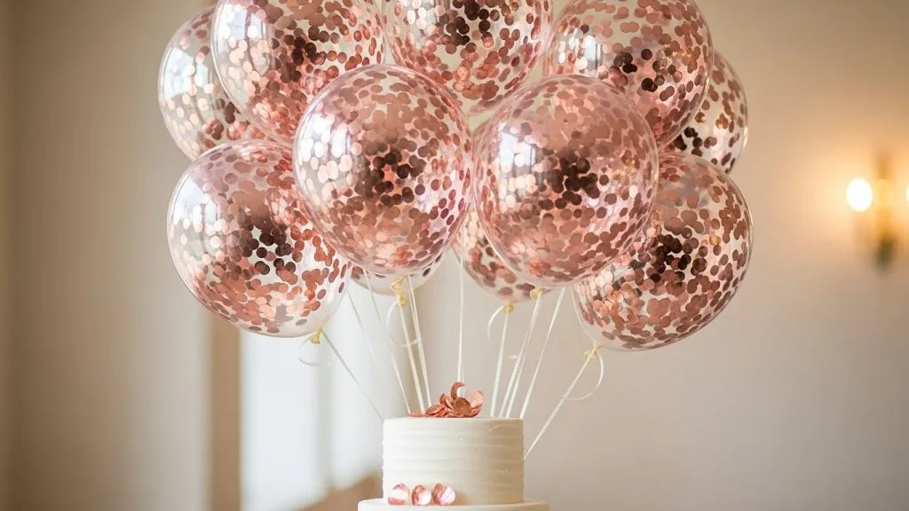 DIY Celebration Decor Crafts That Make Every Party Magical 7 Clear balloons with rose-gold confetti floating above a party cake.