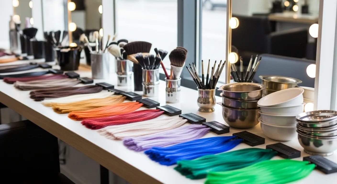Aesthetic salon display showing multiple trendy hair colors on real hair strands under soft natural lighting.
