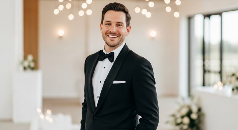 Groom wearing a perfectly tailored black tuxedo with satin lapel, modern wedding setting, elegant groom suits style.
