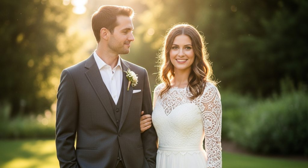 : Groom posing with bride in natural sunlight showing suit details.