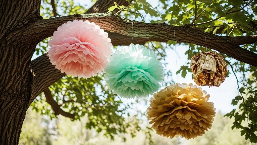 DIY Celebration Decor Crafts That Make Every Party Magical 4 Large pink, mint, and gold tissue paper pom-poms hanging from a tree at a party.
