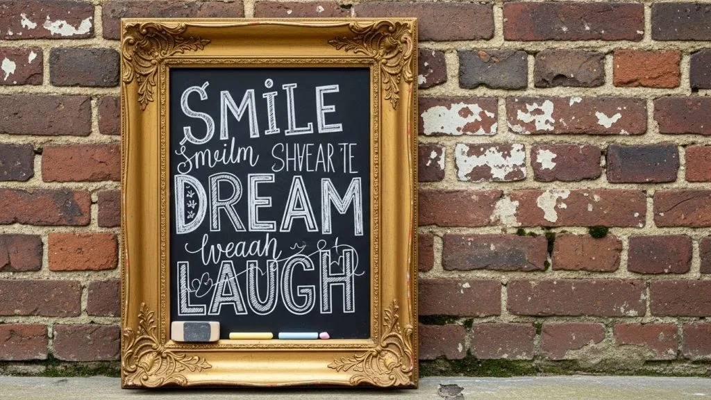 DIY Celebration Decor Crafts That Make Every Party Magical 11 : Chalkboard welcome sign in a gold vintage frame placed against a brick wall.