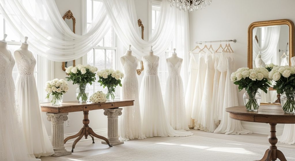 Soft bridal studio showcasing white tulle wedding dresses with romantic lighting.