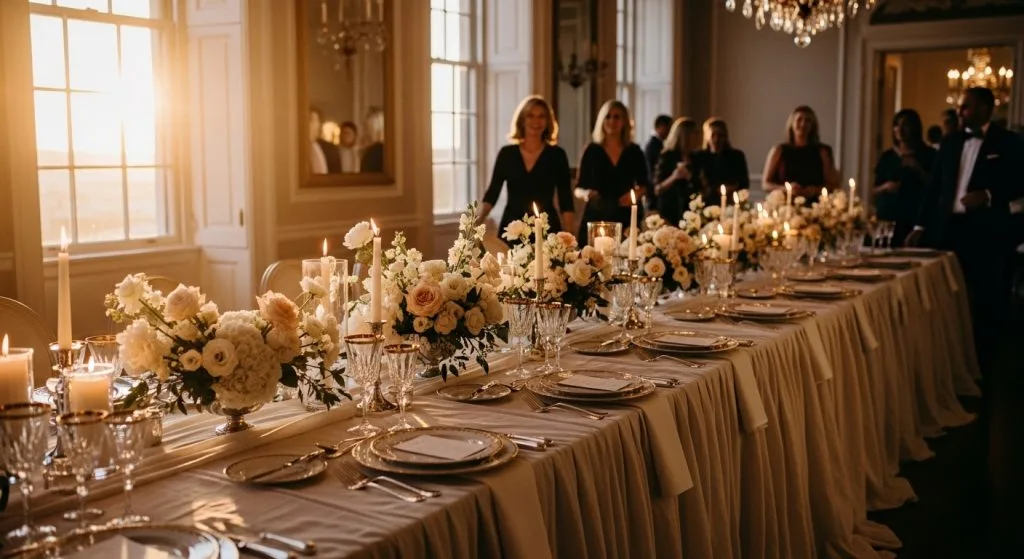 Golden-hour dining room with a breathtaking long table dressed in soft linens, candles, and fresh flowers. Guests in the background smile in awe. Warm, elegant, magazine-worthy.
