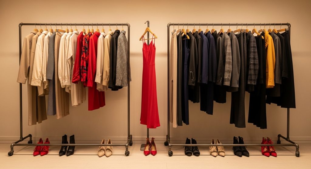 The Ultimate Guide to Outfits: How to Build Stylish Looks for Every Day 19 Clothing rail featuring outfits for different occasions.