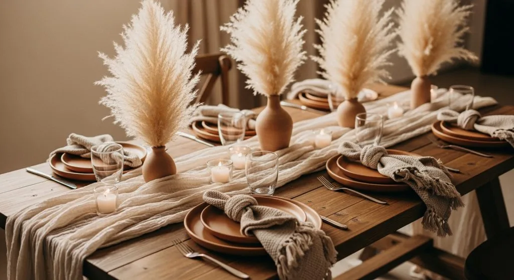 Rustic wooden table with flowing beige runner, fluffy pampas grass centerpieces, terracotta plates, and woven napkins. Warm, dreamy, Pinterest-perfect.