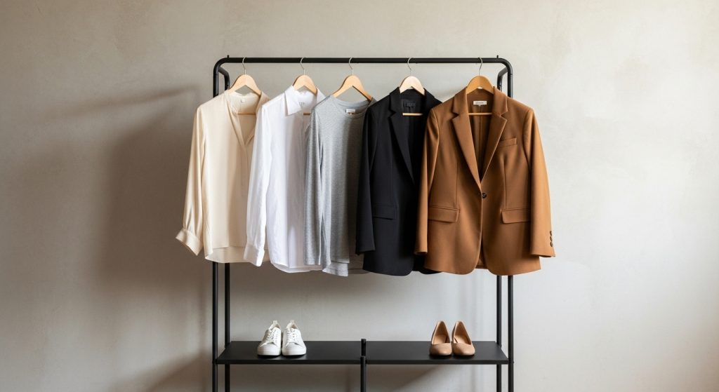 The Ultimate Guide to Outfits: How to Build Stylish Looks for Every Day 7 Neutral essentials hanging neatly in a minimalist wardrobe.