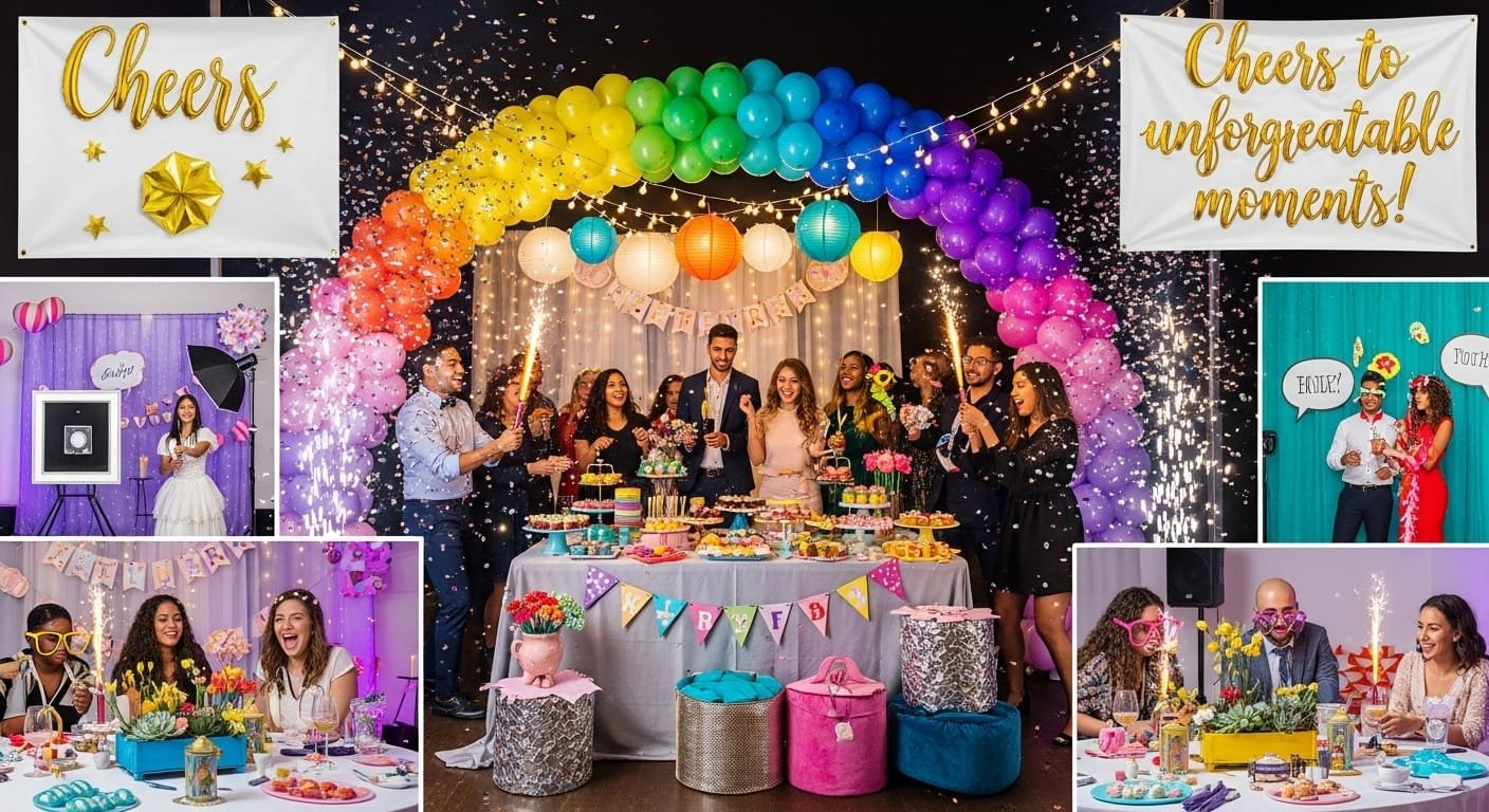 “Elegant party decor with pastel balloons, fairy lights, flowers, and a stylish dessert table.”