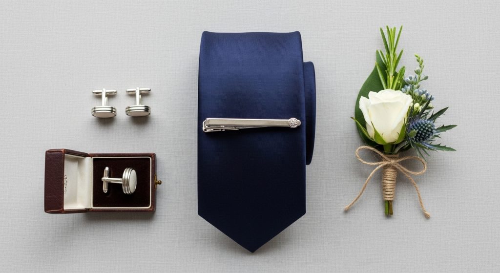 Groom Suits: Timeless Styles That Define Wedding Elegance 10 Wedding accessories arranged beside a groom suit.