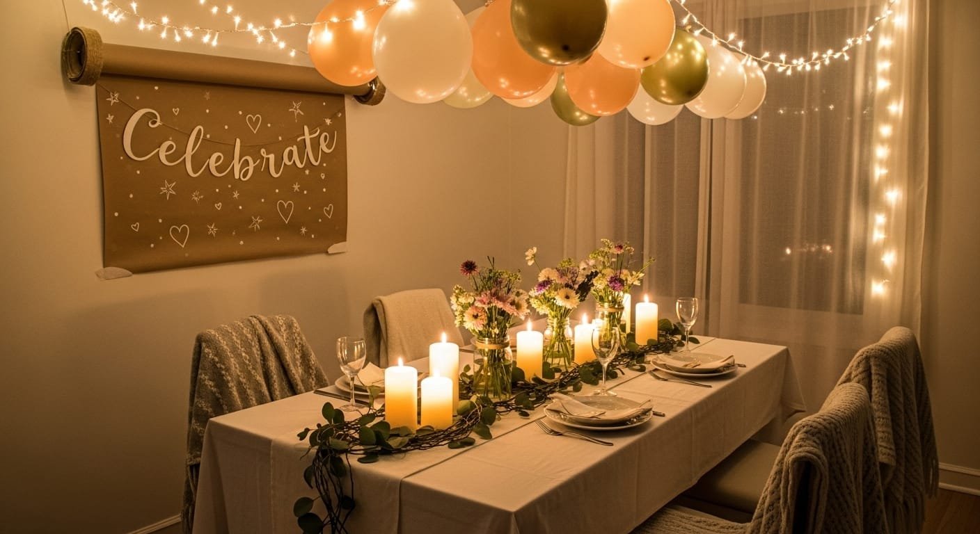 Beautiful home celebration setup with simple, creative, and budget-friendly decorations including balloons, fairy lights, and a neatly styled table