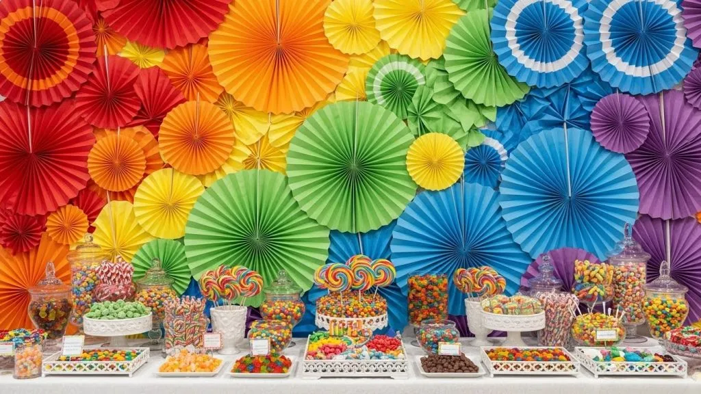 DIY Celebration Decor Crafts That Make Every Party Magical 12 Colorful paper fan wall displayed behind a candy table.