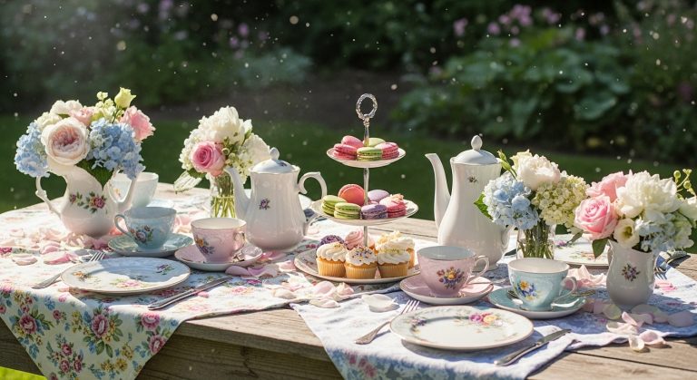 Elegant outdoor tea party table with pastel teacups, floral décor, vintage plates, and tiered desserts arranged under soft sunlight.