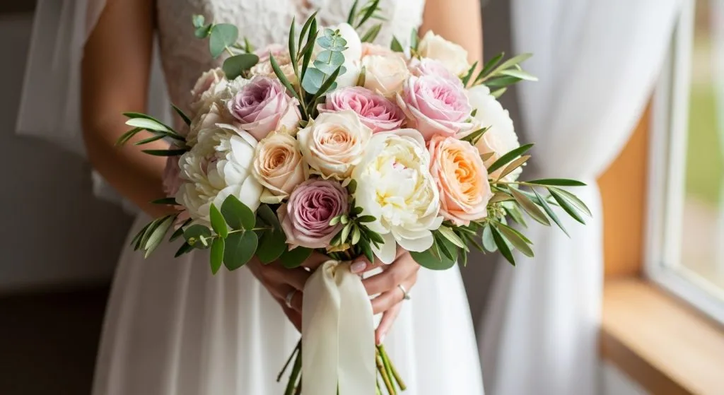 A romantic bridal bouquet with roses, peonies, and greenery tied with silk ribbon.